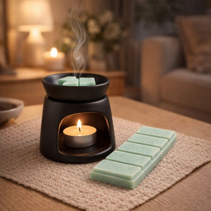 Fondant Parfumé Concombre Frais Snapbar vert diffusé dans brûle parfum noir avec bougie ambiance cocooning chaleureuse et parfumée à la maison.