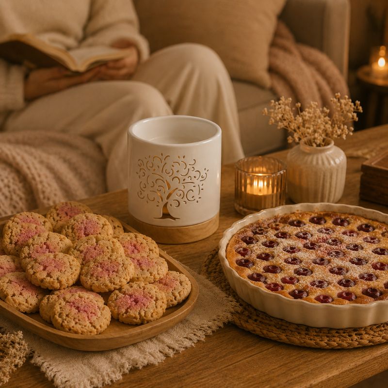 Fondant Parfumé Cookie Saveur Clafoutis présenté avec un brûle-parfum, une tarte clafoutis aux cerises et plusieurs cookies dans une ambiance cocooning.