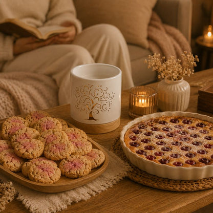 Fondant Parfumé Cookie Saveur Clafoutis présenté avec un brûle-parfum, une tarte clafoutis aux cerises et plusieurs cookies dans une ambiance cocooning.