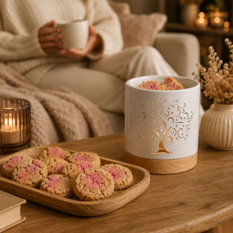 Fondant Parfumé Cookie Saveur Clafoutis présenté avec un brûle-parfum en céramique et plusieurs cookies dans une ambiance chaleureuse de salon.