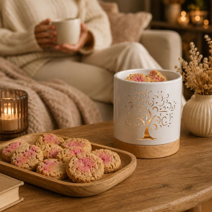 Fondant Parfumé Cookie Saveur Clafoutis présenté avec un brûle-parfum en céramique et plusieurs cookies dans une ambiance chaleureuse de salon.