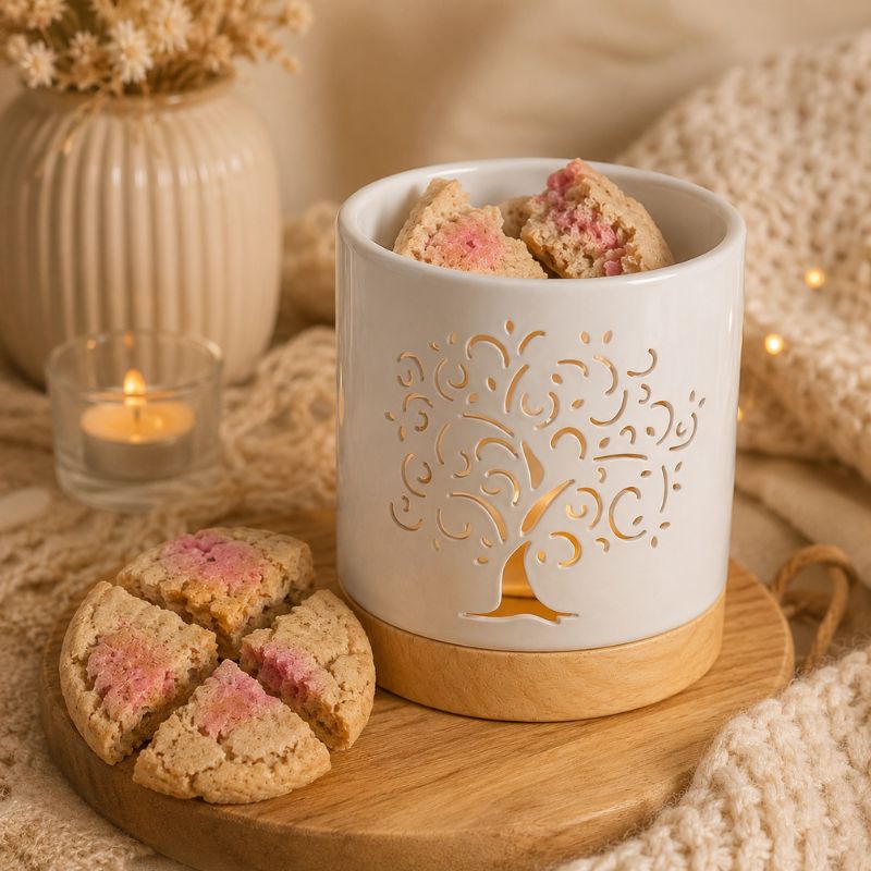 Fondant Parfumé Cookie Saveur Clafoutis présenté avec un brûle-parfum en céramique dans une ambiance chaleureuse et cocooning.