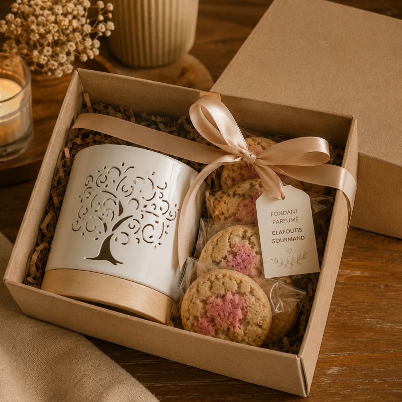 Coffret cadeau avec Fondant Parfumé Cookie Saveur Clafoutis et brûle-parfum en céramique présenté dans une élégante boîte prête à offrir.