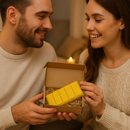 Fondant Parfumé Feu de Bois Snapbar, un homme offre le fondant parfumé dans sa boite-cadeau à une femme. Ambiance festive.