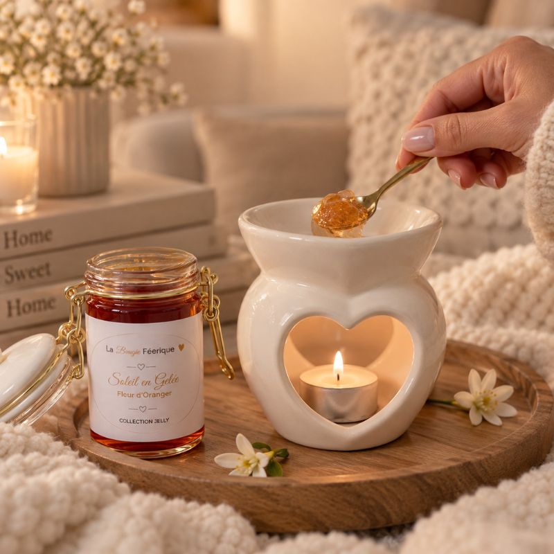Fondant Parfumé Fleur d’Oranger – Soleil en Gelée prélevé à la cuillère au-dessus d’un brûle-parfum cœur.