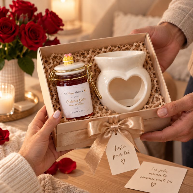 Fondant Parfumé Fleur d’Oranger – Soleil en Gelée présenté avec brûle-parfum cœur dans un coffret cadeau.