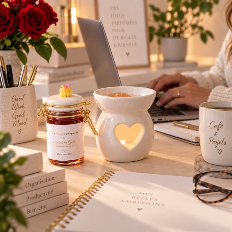Fondant Parfumé Fleur d’Oranger – Soleil en Gelée avec brûle-parfum cœur sur un bureau en télétravail.