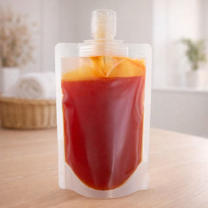 Fondant Parfumé Fleur d’Oranger gourde transparente remplie de fondant parfumé en gel rouge orangé, posée sur une surface en bois clair avec un fond intérieur lumineux et minimaliste.
