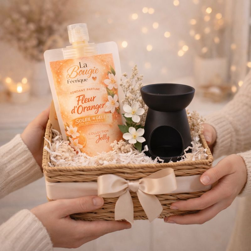 Fondant Parfumé Fleur d’Oranger, Panier cadeau contenant une gourde de fondant parfumé jelly et un brûle-parfum noir, tenu dans les mains, avec un fond chaleureux et lumineux.