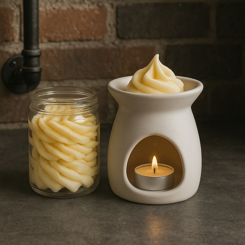 Fondant Parfumé Fleur de Tiaré Envoûtante, de couleur jaune et disposée dans un brûleur et dans une ambiance industrielle.