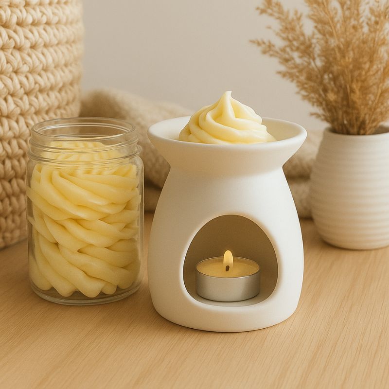 Fondant Parfumé Fleur de Tiaré Envoûtante, disposé dans un brûleur de parfum blanc avec une bougie allumée en dessous. Le tout posé sur une table en bois et dans une ambiance scandinave.