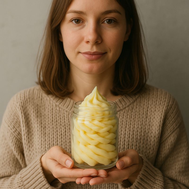 Fondant Parfumé Fleur de Tiaré Envoûtante, une femme européenne tient le fondant dans ses mains. Fond gris clair.