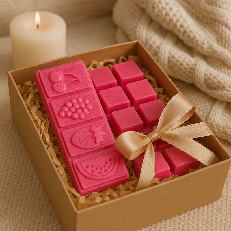Fondant Parfumé Fruit du Dragon Snapbar, disposé dans un coffret-cadeau, il y a une bougie allumée à côté, dans une ambiance cosy.