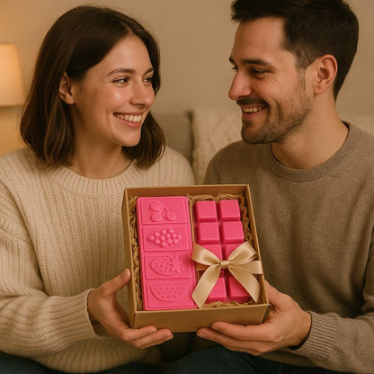 Fondant Parfumé Fruit du Dragon Snapbar, la tablette est disposée dans un coffret et une femme et un homme tiennent le coffret.