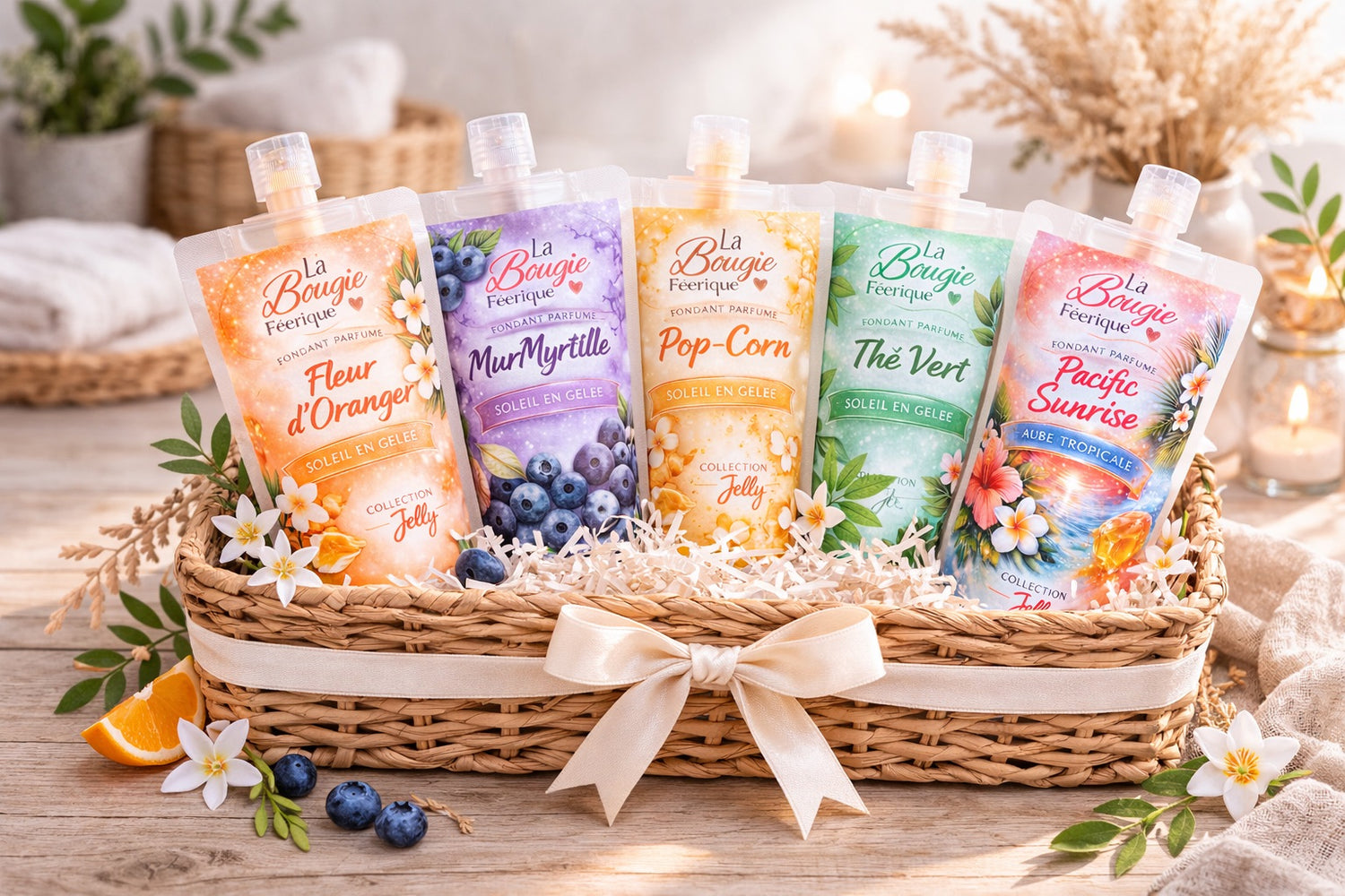 Fondant Parfumé Jelly Pop dans un panier cadeau en osier avec nœud beige contenant cinq fondants parfumés en gourde de La Bougie Féérique (Fleur d’Oranger, Mûre Myrtille, Pop-Corn, Thé Vert, Pacific Sunrise), présenté dans une ambiance chaleureuse et bohème avec éléments décoratifs naturels et éclairage doux.