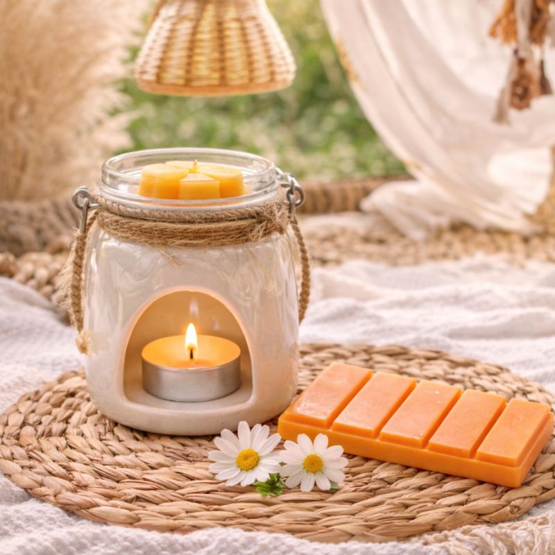 Fondant Parfumé Mirabelle Snapbar orange avec brûle parfum et bougie ambiance bohème naturelle et lumineuse décoration intérieure chaleureuse.