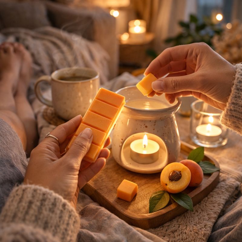 Fondant Parfumé Mirabelle Snapbar orange utilisé dans brûle parfum avec ambiance cocooning bougie et moment détente à la maison.