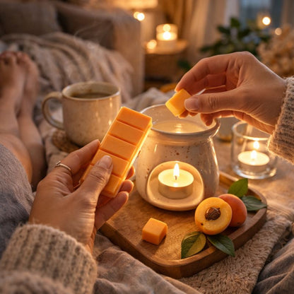 Fondant Parfumé Mirabelle Snapbar orange utilisé dans brûle parfum avec ambiance cocooning bougie et moment détente à la maison.