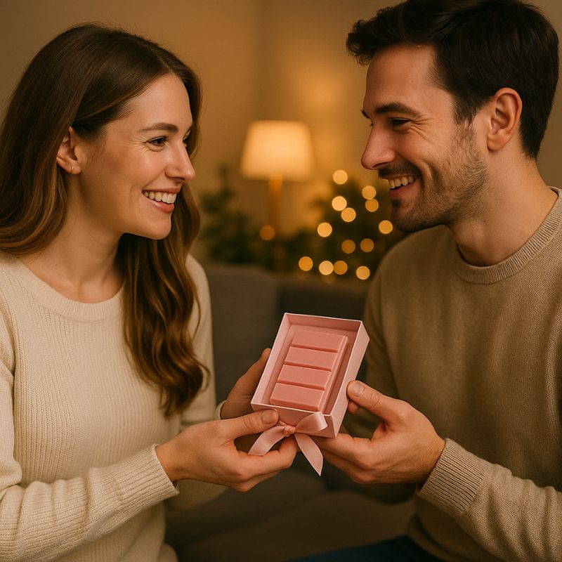 Fondant Parfumé Moccaccino de Noël Snapbar, deux personnes sont en train de s'offrir un coffret avec un fondant parfumé à l’intérieur.