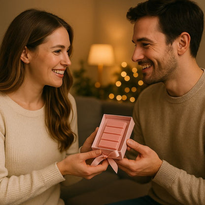 Fondant Parfumé Moccaccino de Noël Snapbar, deux personnes sont en train de s'offrir un coffret avec un fondant parfumé à l’intérieur.