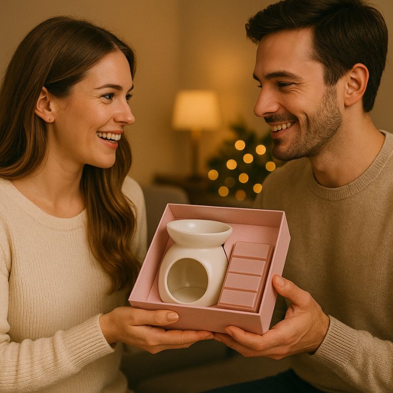 Fondant Parfumé Moccaccino de Noël Snapbar, dans un coffret-cadeau sont disposés, un brûleur et une tablette de fondant parfumé.