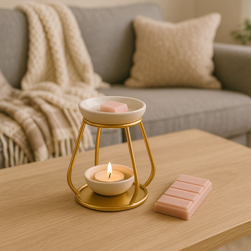 Fondant Parfumé Moccaccino de Noël Snapbar, un brûleur est disposé sur une table et il y a du fondant parfumé à l’intérieur ainsi qu'une tablette est disposée à côté. Ambiance cosy.