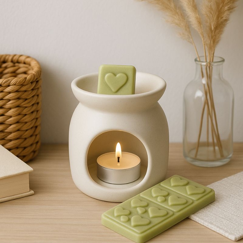Fondant Parfumé Mojito Snapbar, un carré de la tablette est dans le brûleur qui est allumé. Le reste de la tablette est posé sur la table en bois, ambiance scandinave.