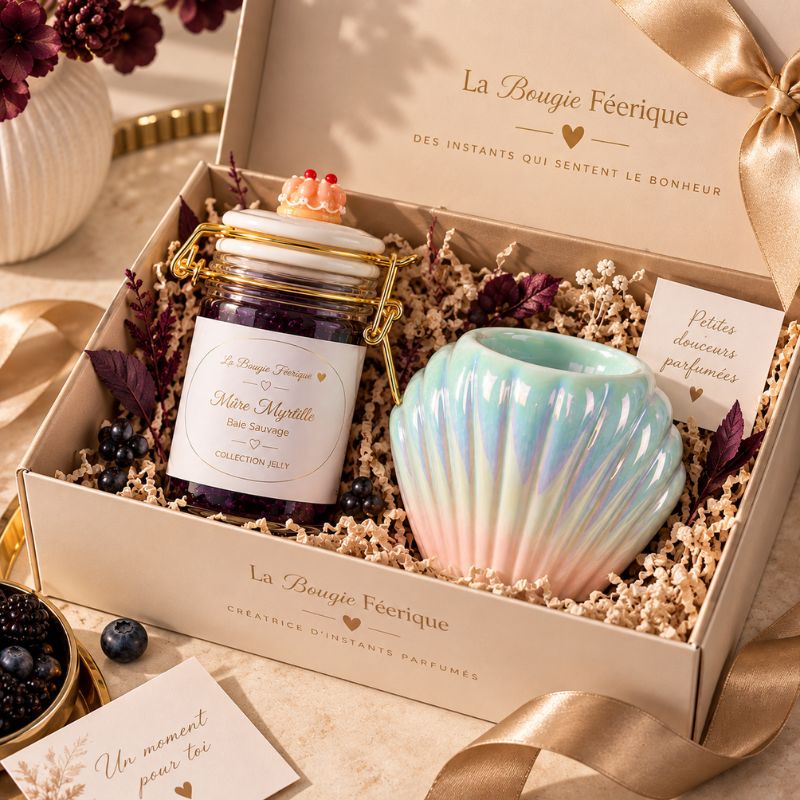 Fondant Parfumé Mûre Myrtille – Baies Sauvages présenté dans un coffret cadeau avec brûle-parfum. Ambiance festive.