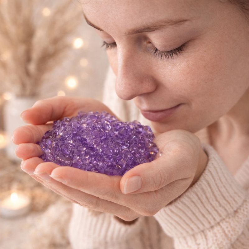 Fondant Parfumé Mûre Myrtille en gel de couleur violet, dans les mains d’une personne qui le sent, ambiance chaleureuse bien-être et expérience sensorielle.
