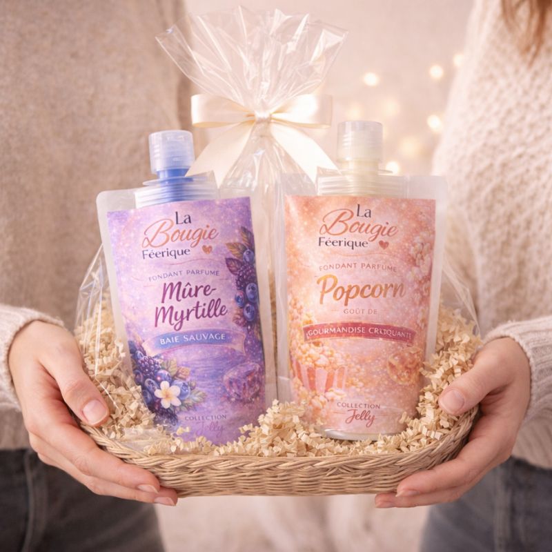 Fondant Parfumé Mûre Myrtille, coffret cadeau avec les fondants parfumés en gel Mûre Myrtille et Popcorn dans panier bohème chic prêt à offrir.