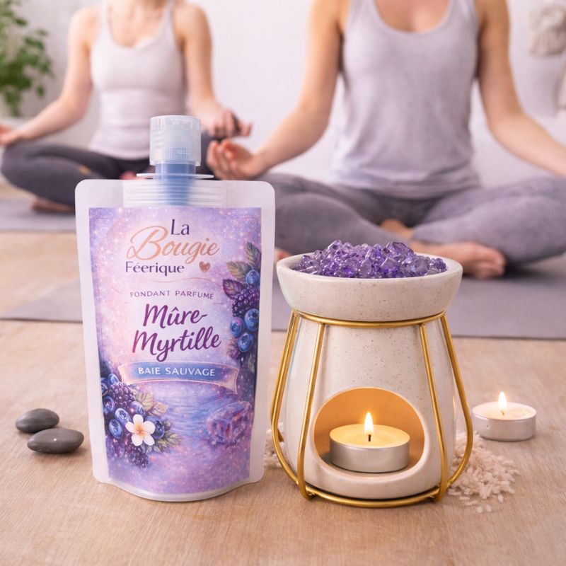 Fondant Parfumé Mûre Myrtille en gourde avec brûle-parfum et gel violet diffusant le parfum, ambiance bohème chic et cocooning.