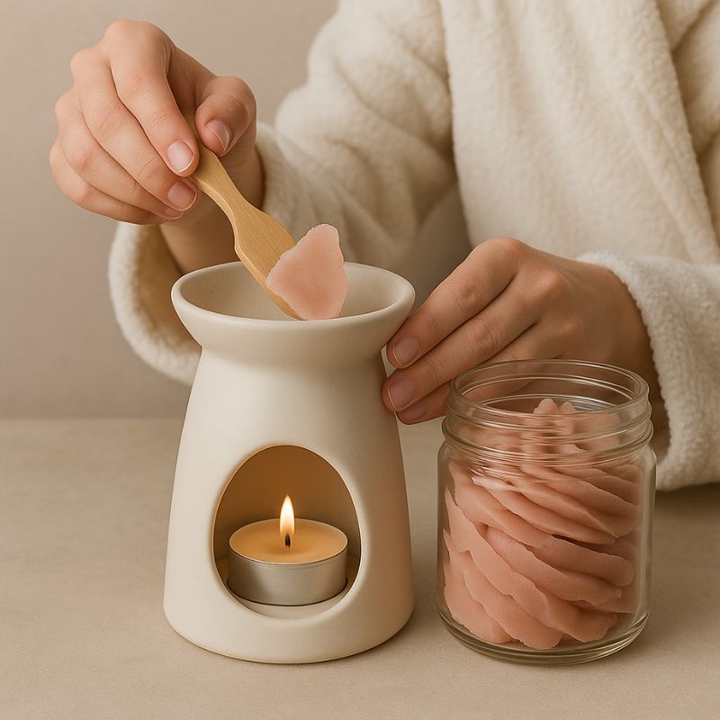 Fondant Parfumé Mûre Sauvage, de couleur rose violette avec un parfum de mûre, une personne dépose une petite quantité dans un brûleur. Ambiance cocooning.