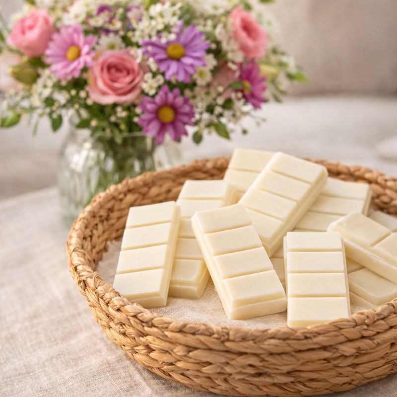 Fondant Parfumé Noix de Coco Snapbar blanc en multiples barres dans panier tressé avec fleurs ambiance douce et décorative.