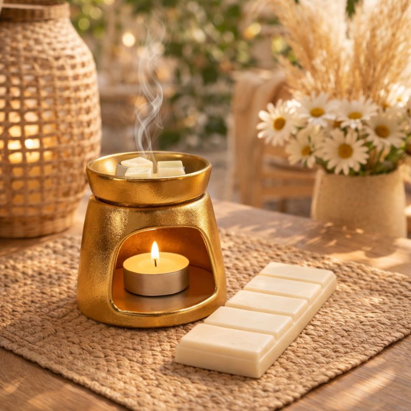 Fondant Parfumé Noix de Coco Snapbar blanc diffusé dans brûle parfum doré ambiance chaleureuse et décorative avec bougie et fleurs.