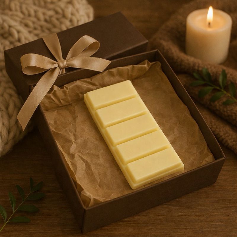 Fondant Parfumé Nougat Blanc Snapbar, le fondant parfumé dans un coffret-cadeau, avec une bougie allumée et dans une ambiance cosy.