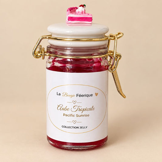 Fondant Parfumé Pacific Sunrise – Aube Tropicale en pot Jelly sur fond beige.