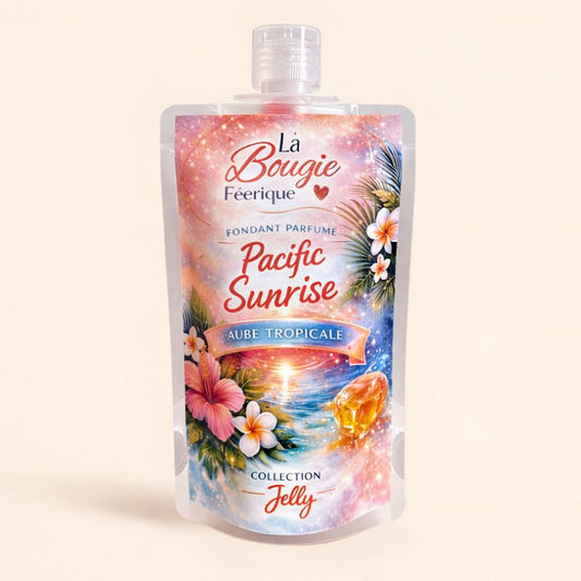 Fondant Parfumé Pacific Sunrise, dans sa gourde, gel de couleur rouge et sur fond beige clair.