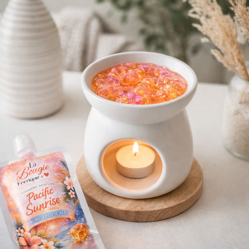 Fondant Parfumé Pacific Sunrise dans une gourde, avec un brûle parfum allumé et cire jelly orange fondue. Ambiance douce.
