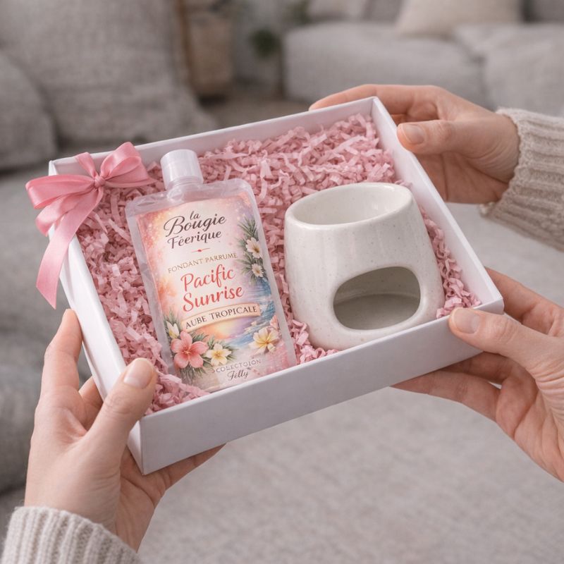 Fondant Parfumé Pacific Sunrise en gel parfumé dans un coffret cadeau avec brûle parfum idée cadeau maison
