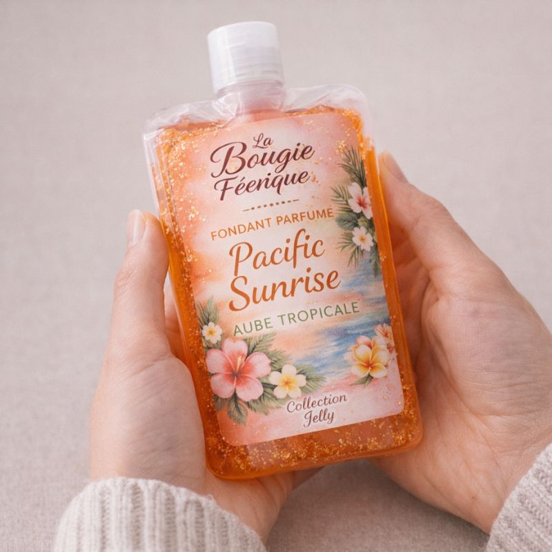 Fondant Parfumé Pacific Sunrise gourde texture jelly orange produit en main