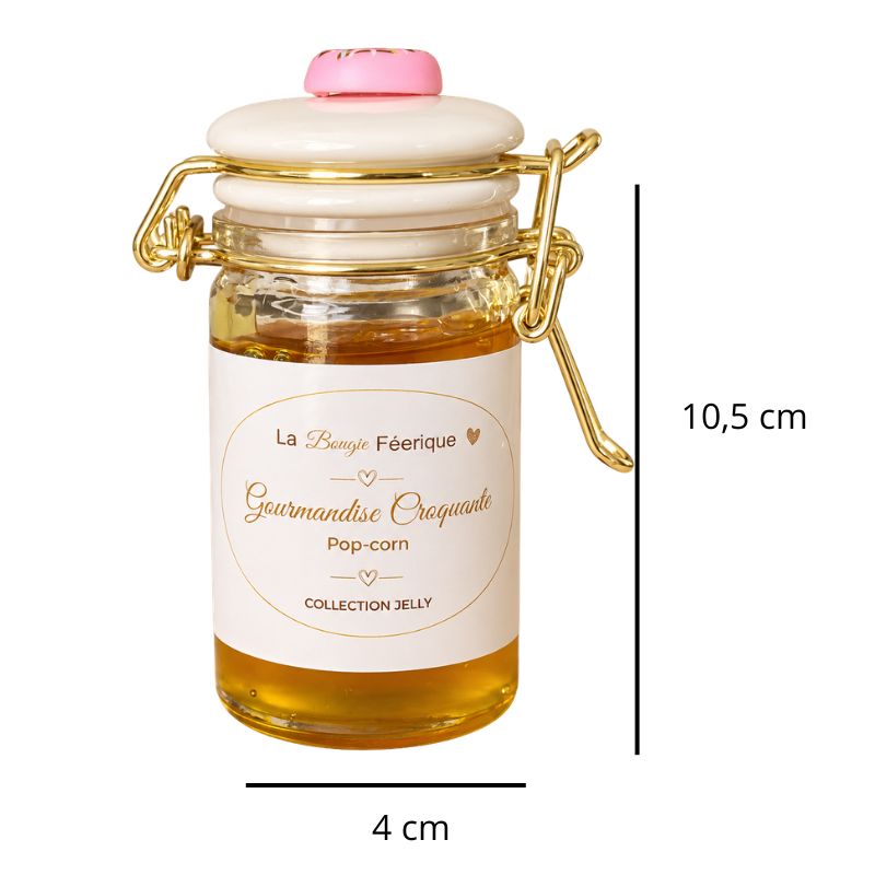Fondant Parfumé Pop-Corn – Gourmandise Croquante en pot avec ses dimensions et sur fond blanc.