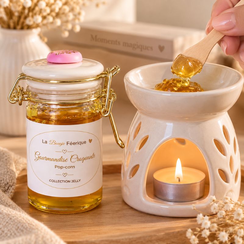 Fondant Parfumé Pop-Corn – Gourmandise Croquante déposé dans un brûle-parfum blanc avec une cuillère.