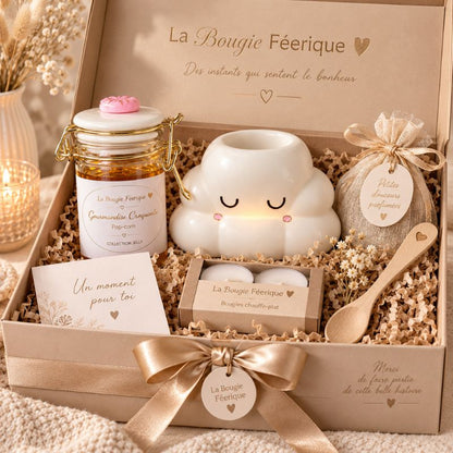 Fondant Parfumé Pop-Corn – Gourmandise Croquante présenté dans un coffret cadeau avec brûle-parfum. Ambiance festive.
