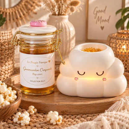 Fondant Parfumé Pop-Corn – Gourmandise Croquante avec brûle-parfum nuage dans une ambiance chaleureuse.