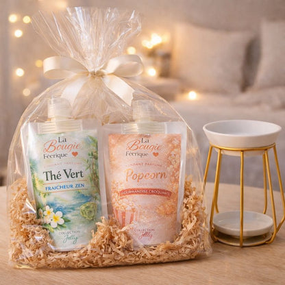 Fondant Parfumé Pop-Corn Coffret cadeau de fondants parfumés jelly avec gourdes Thé Vert et Popcorn et brûle-parfum design doré, ambiance chaleureuse.