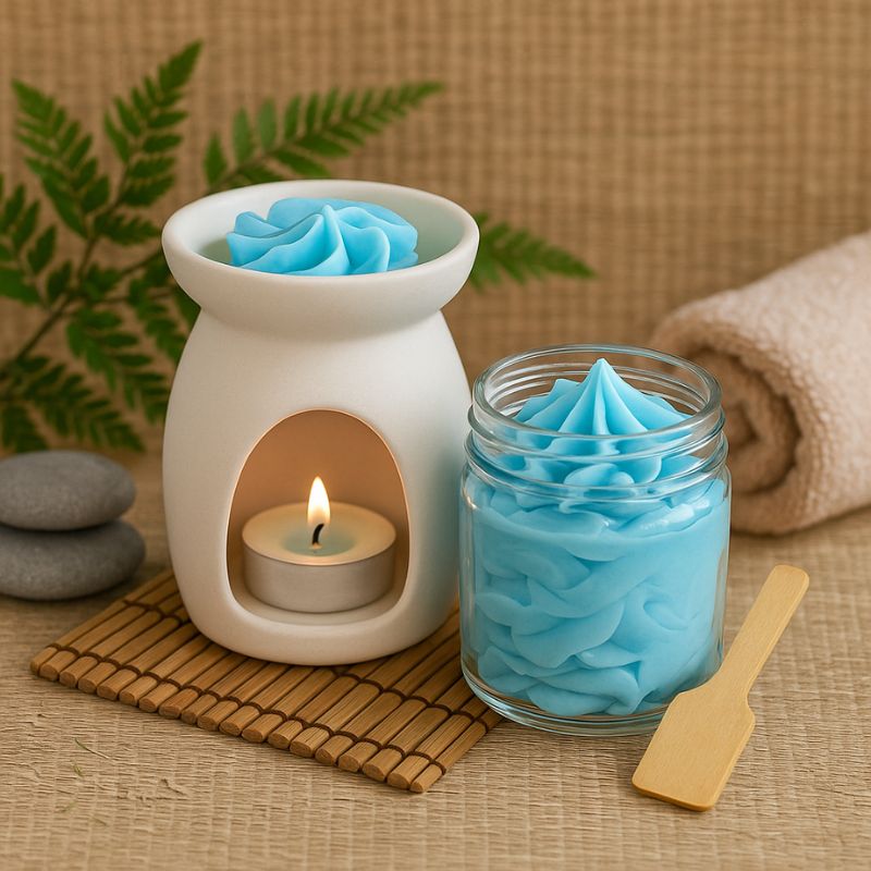 Fondant Parfumé Rêve de Coton, de couleur bleue, disposé dans un brûleur avec son contenant à côté, dans une ambiance zen.