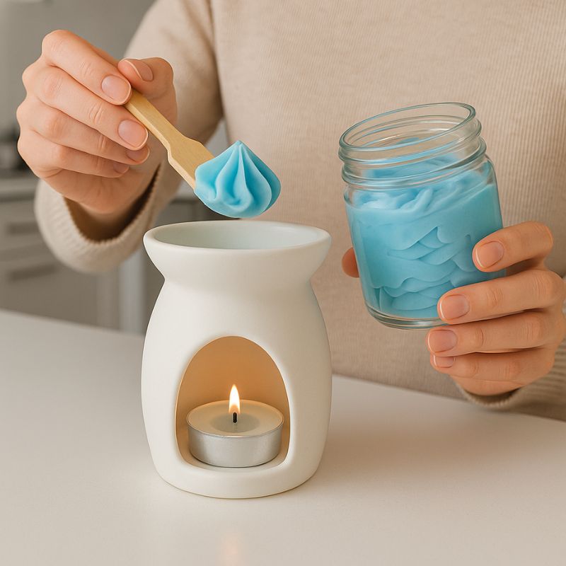 Fondant Parfumé Rêve de Coton, de couleur bleue, une personne est en train de mettre une cuillère de fondant crémeux dans le brûleur. 