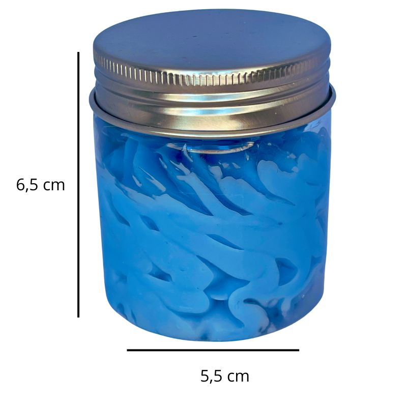 Fondant Parfumé Rêve de Coton, de couleur bleue, avec ses dimensions et sur fond blanc.