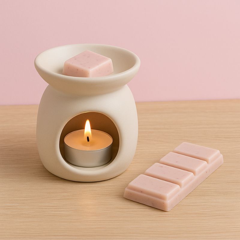 Fondant Parfumé Snapbar Bois de Oud, un carré de la tablette est dans le brule parfum, il est aussi allumé et posé sur la table en bois.