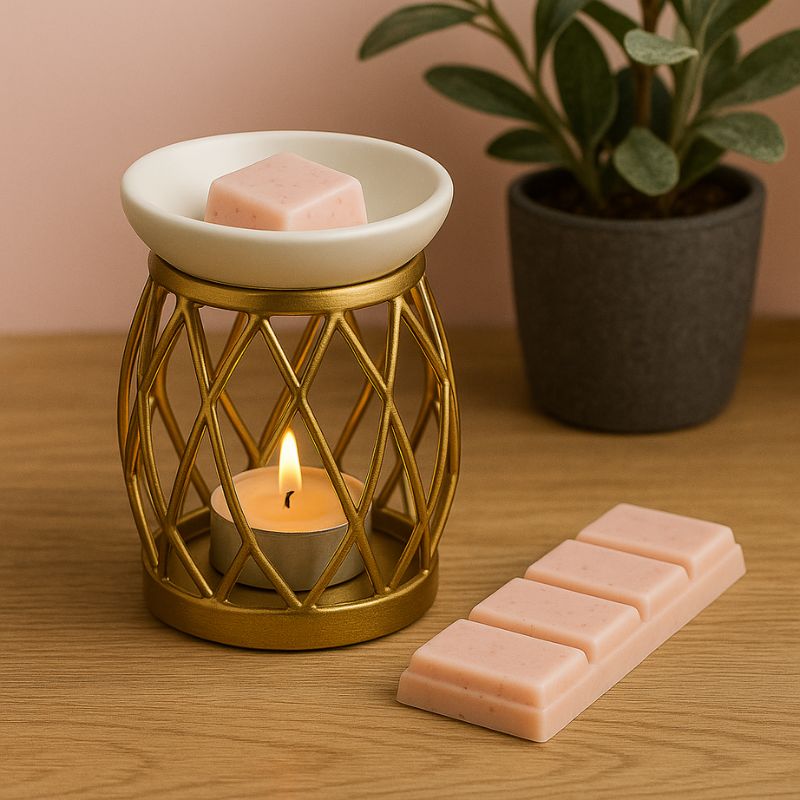 Fondant Parfumé Snapbar Bois de Oud, une partie de la tablette est dans le brûleur qui est allumé et l'autre partie est posée sur la table en bois. Ambiance Zen.